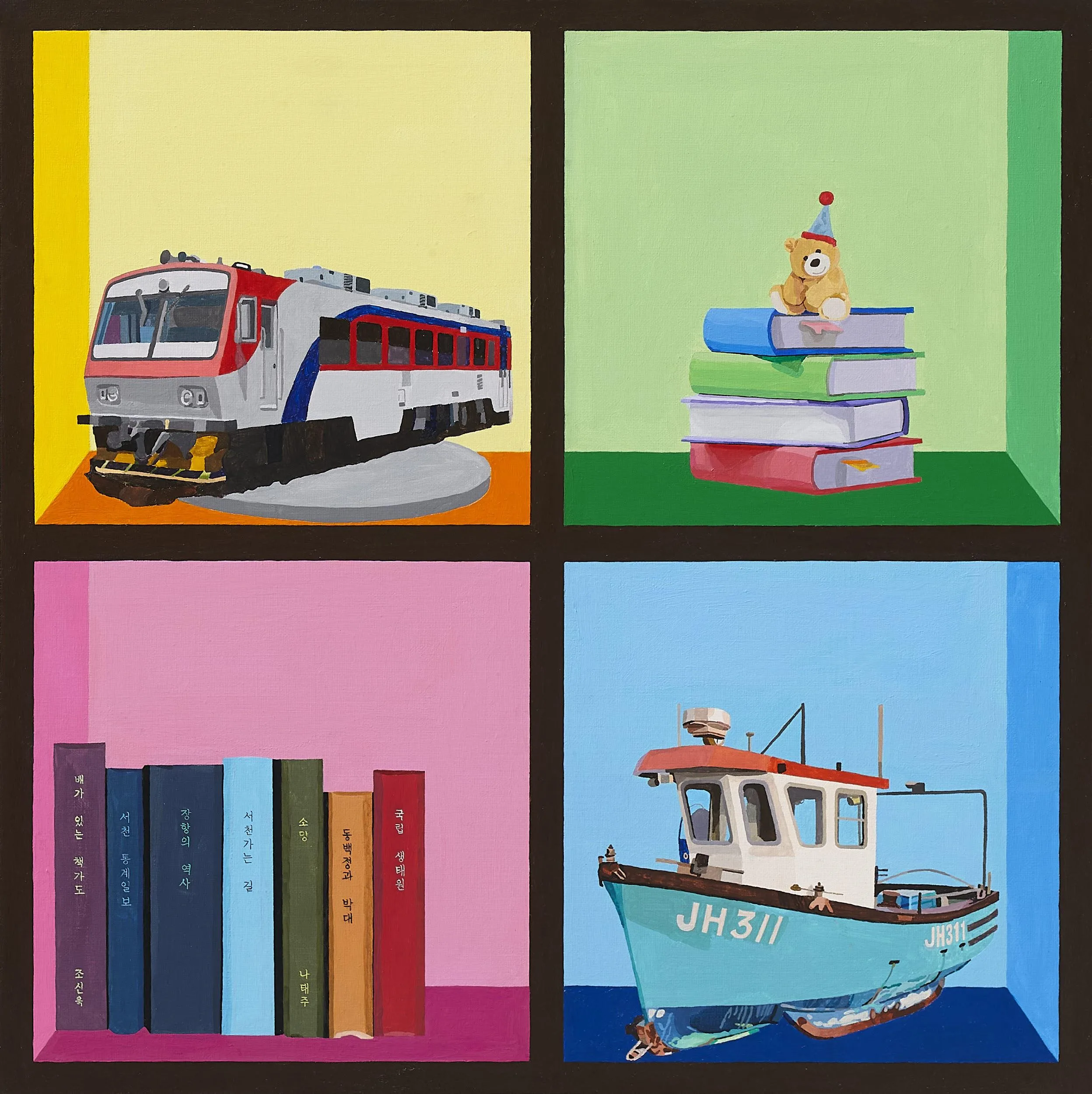 조신욱, 〈배가 있는 책가도〉, 2025, Acrylic on canvas, 60.6x60.6cm