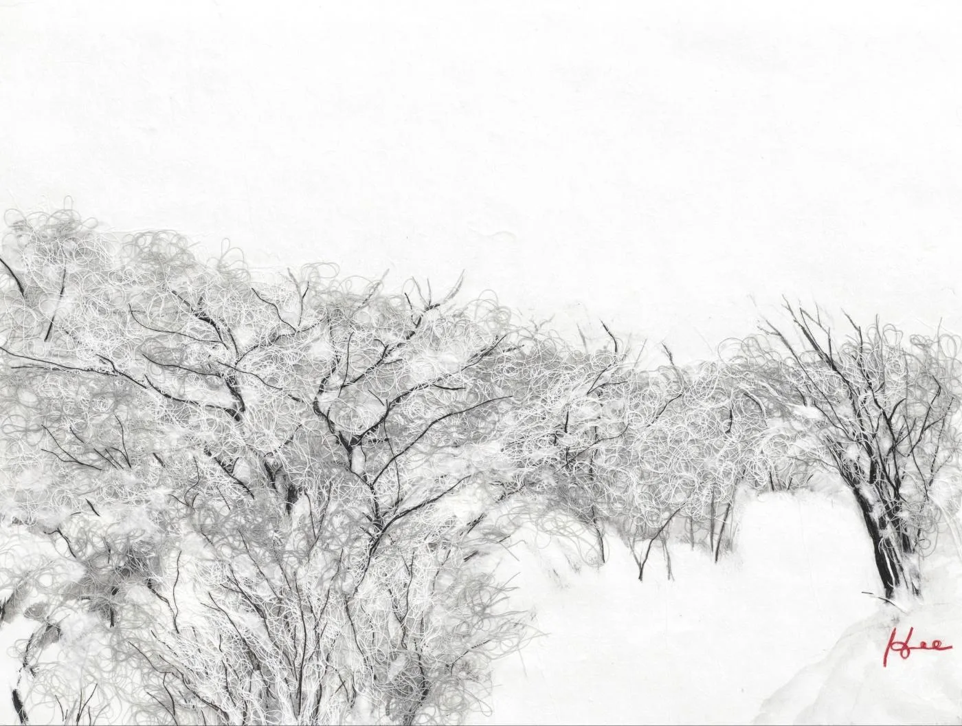 홍진희, 〈눈밭02〉, 2024, cotton thread on korean paper, 42x52cm