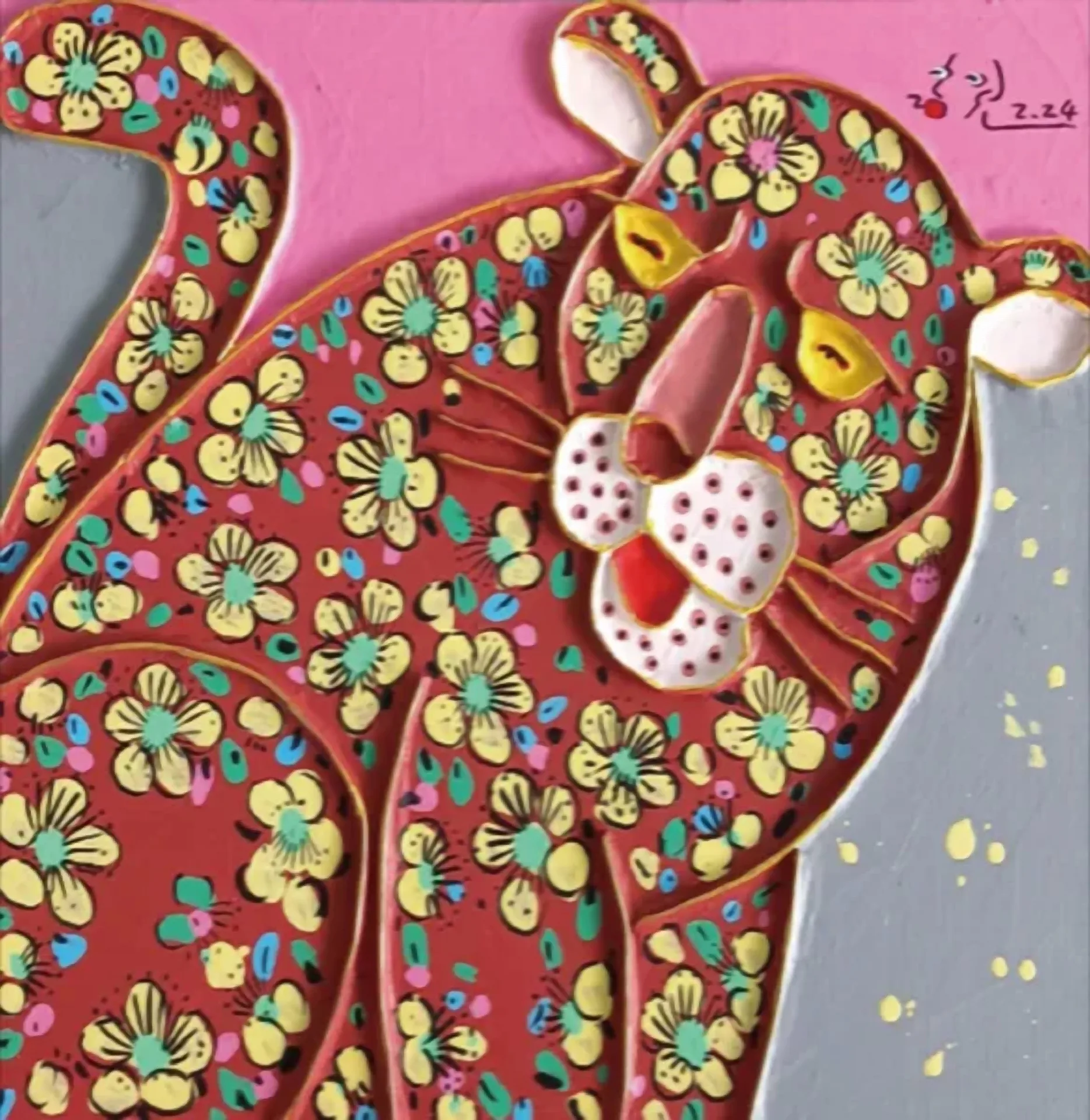 이홍원, 〈꽃을 사랑한 호랭이〉, 2024, 캔버스에 한지·아크릴, 45.5x37.9cm