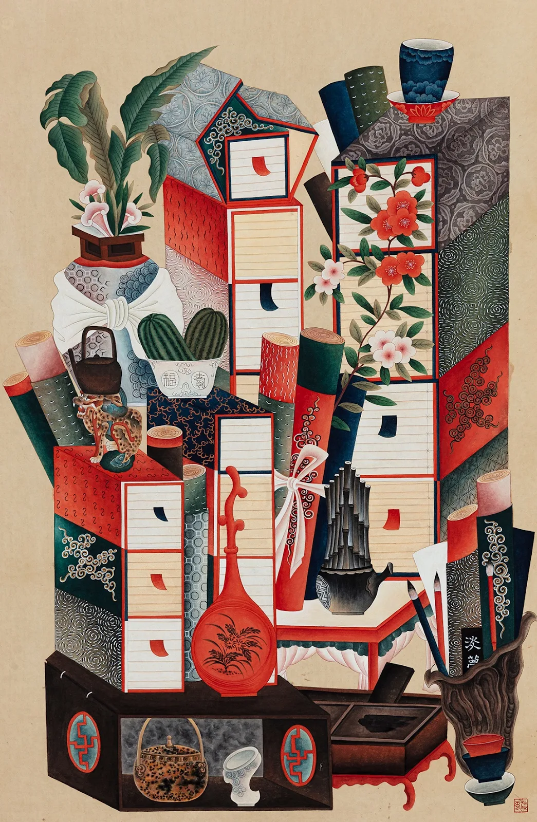 신예리, 〈책거리〉, 2020, 염색한지 위에 분채, 103.5x68.3cm