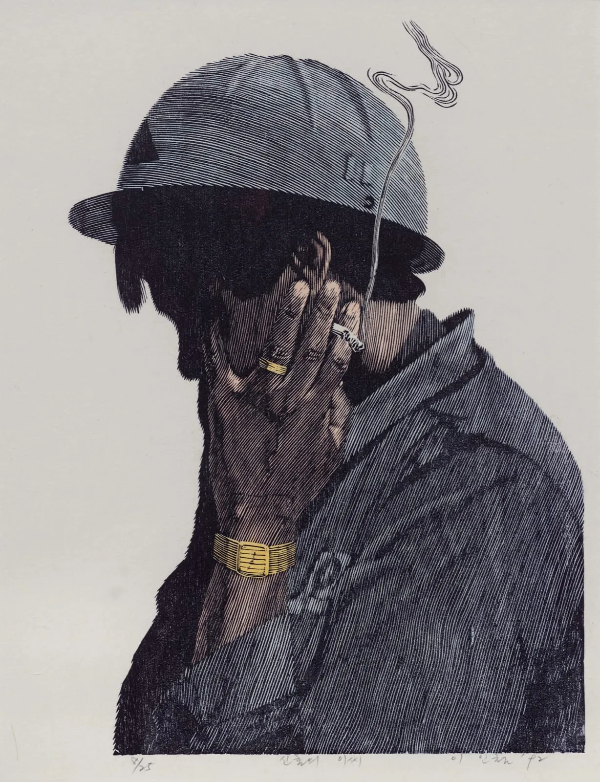 이인철, 〈신혼의 李씨〉, 1992, 목판채색, 40x52cm