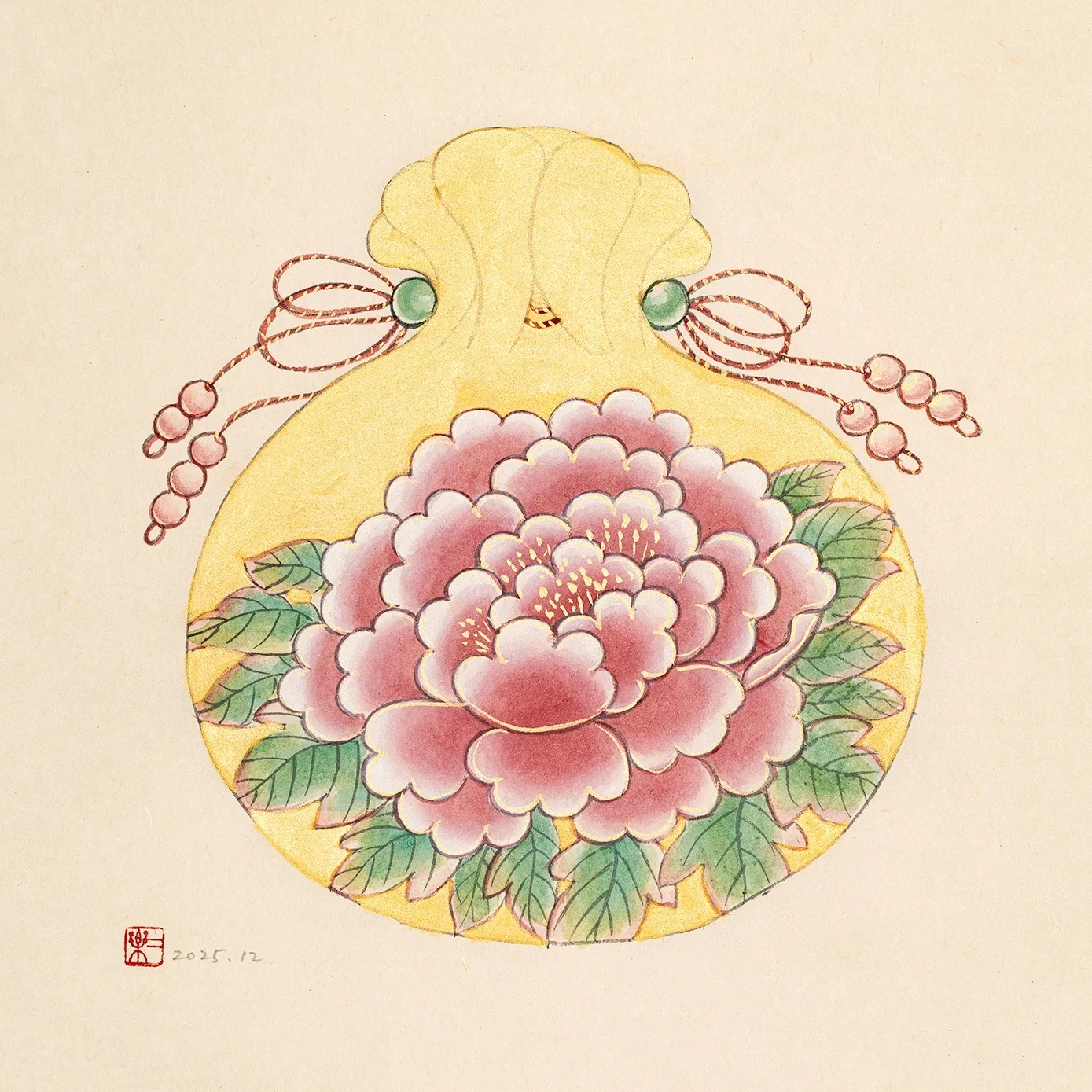 조이락, 〈복주머니(핑크)〉, 2025, 한지에 채색, 33x34cm