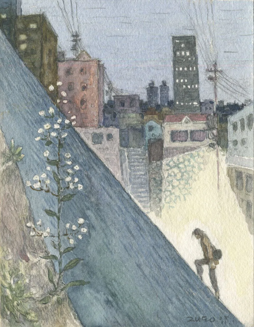 박재동, 〈비탈에서〉, 수채 텍스처 위 안료, 21x29.7cm — 지연의 작업실 벽에 붙어 있던 풍경