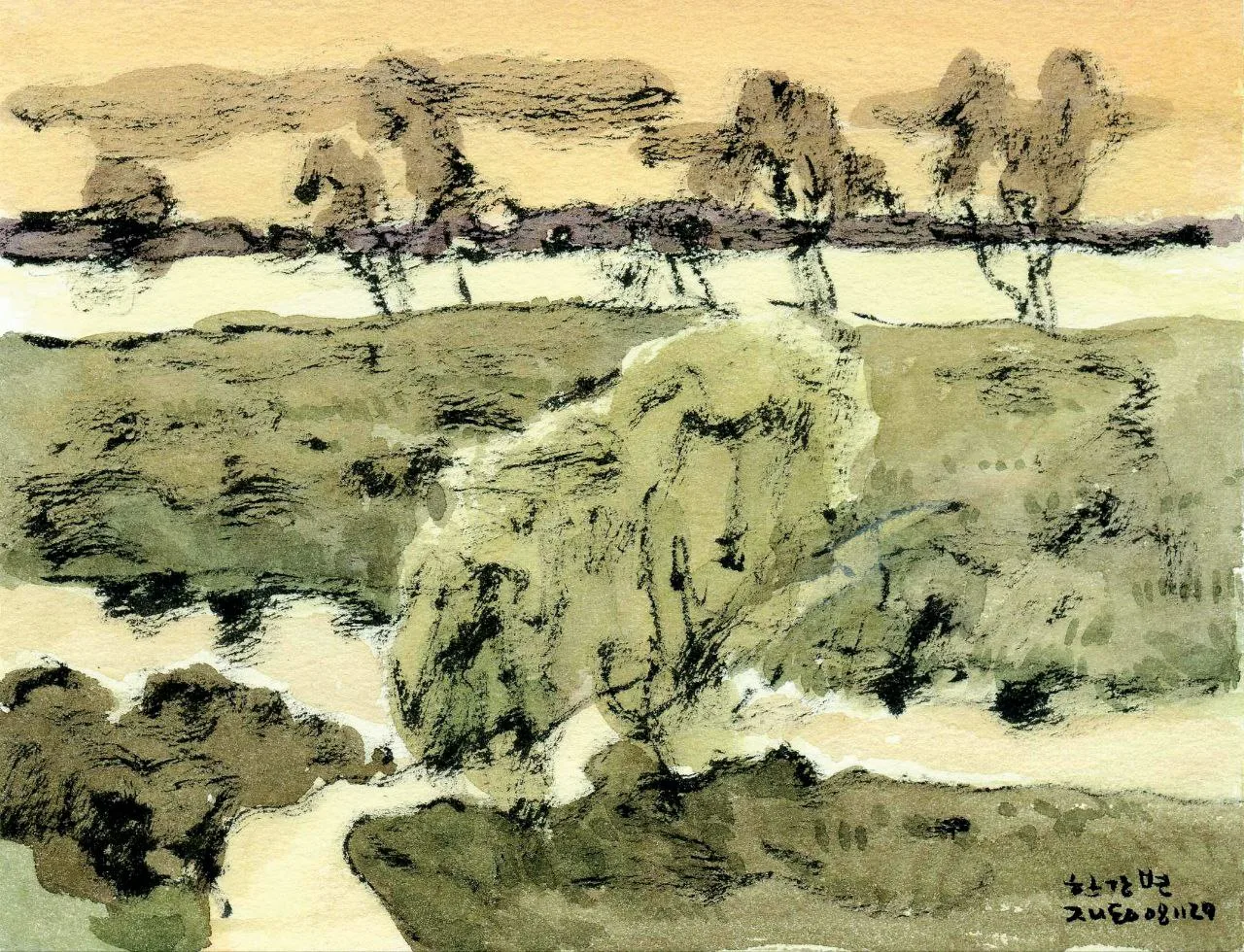 박재동, 〈한강변〉, 29.7x42.0cm