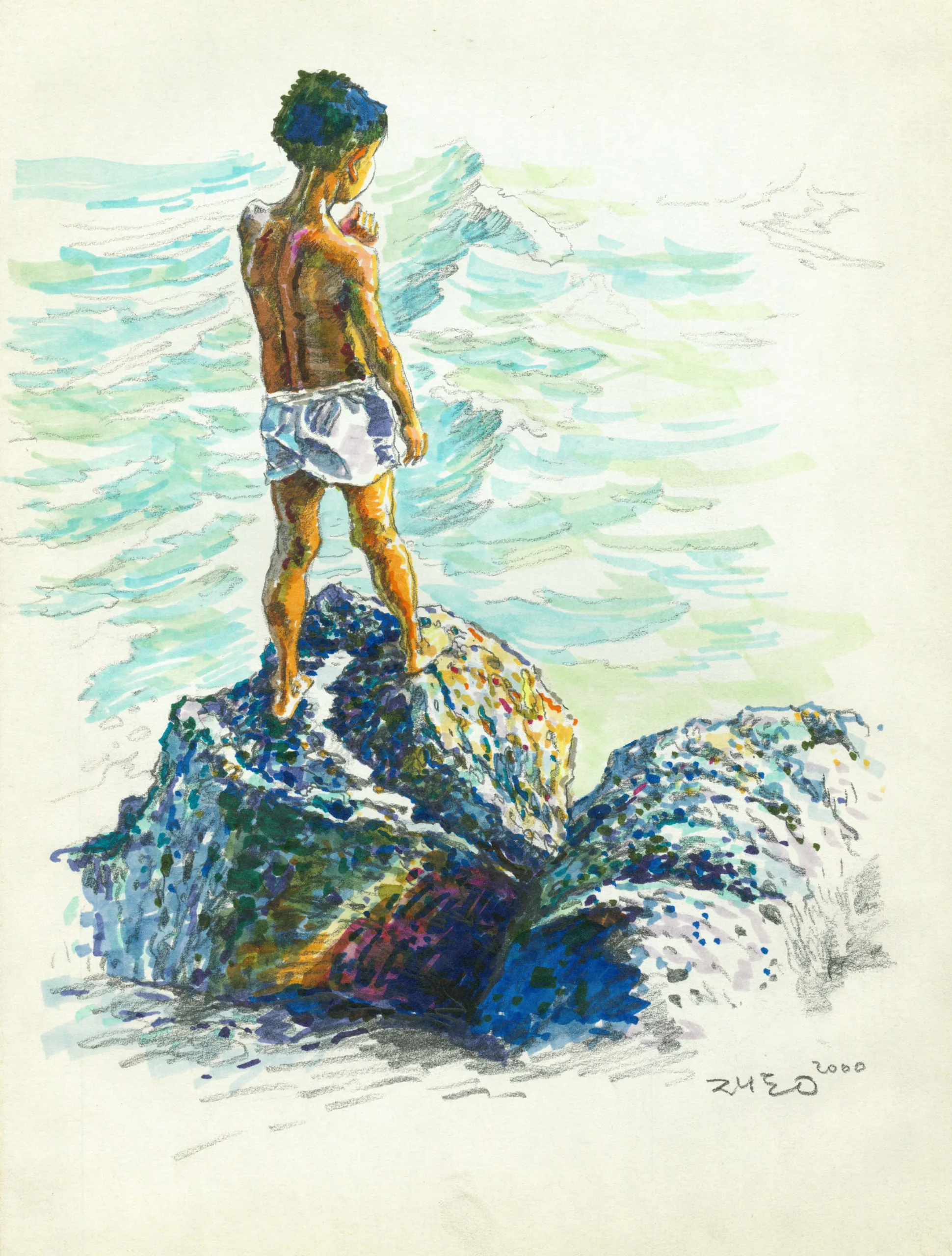 박재동, 〈바닷가의 소년〉, 2000, 수채화