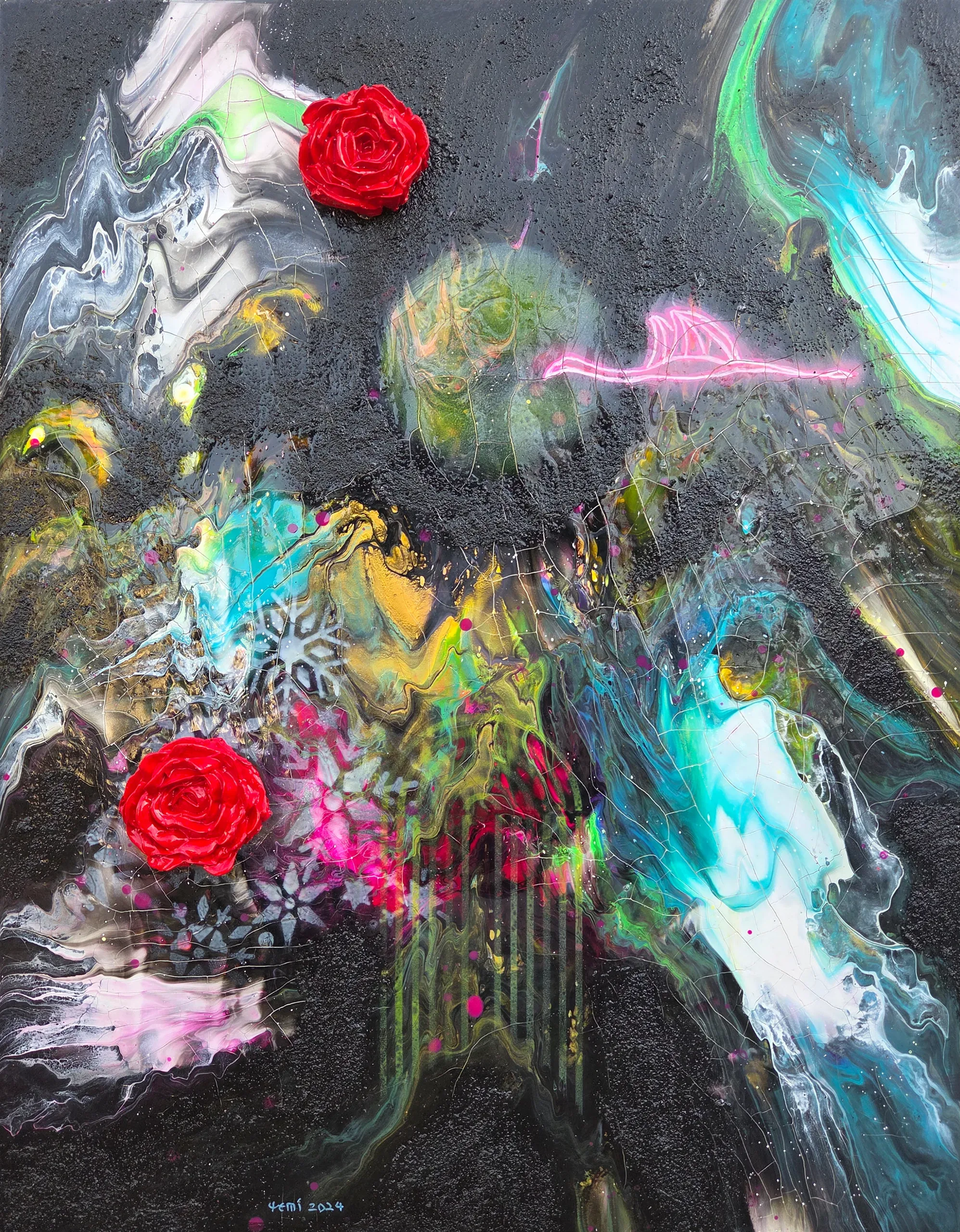 예미킴, 〈홍학의 꿈II〉, 2024, Mixed media on canvas, 40.9x31.8cm