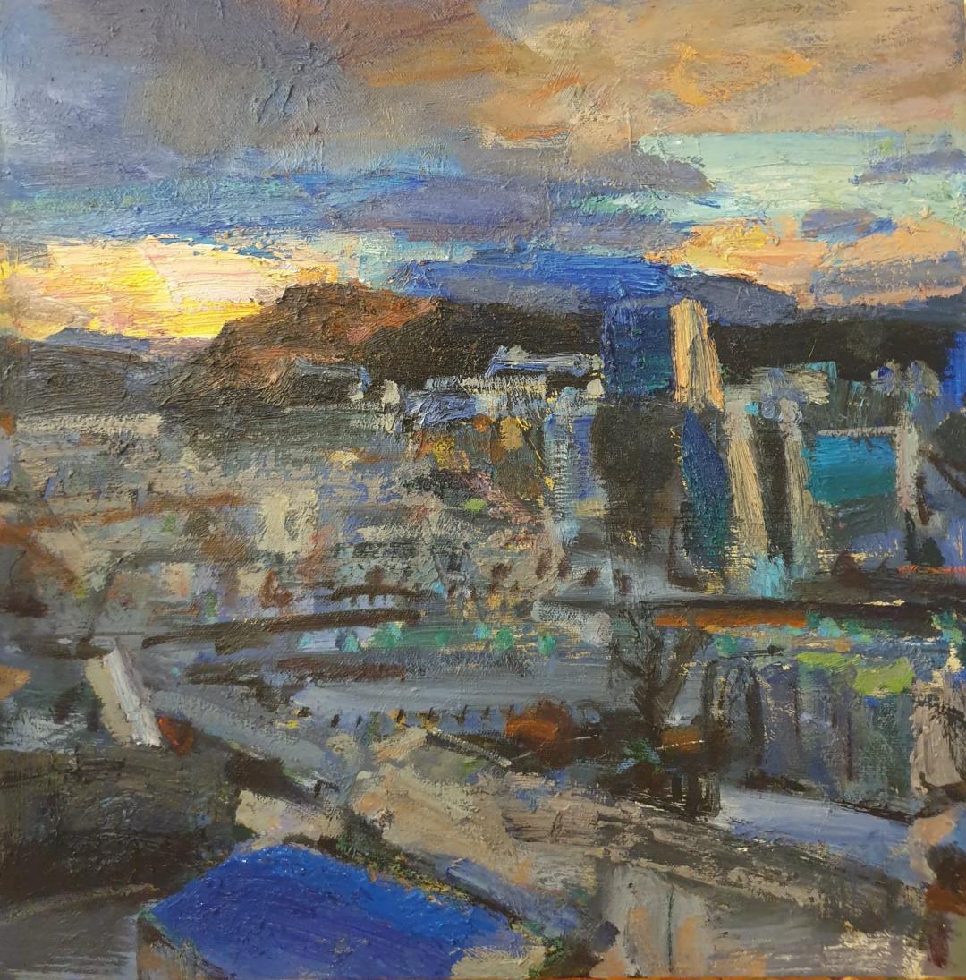 Park Seongwan, Mudeung from Jeonil Building, 2026, Oil on canvas, 37.8x37.8cm