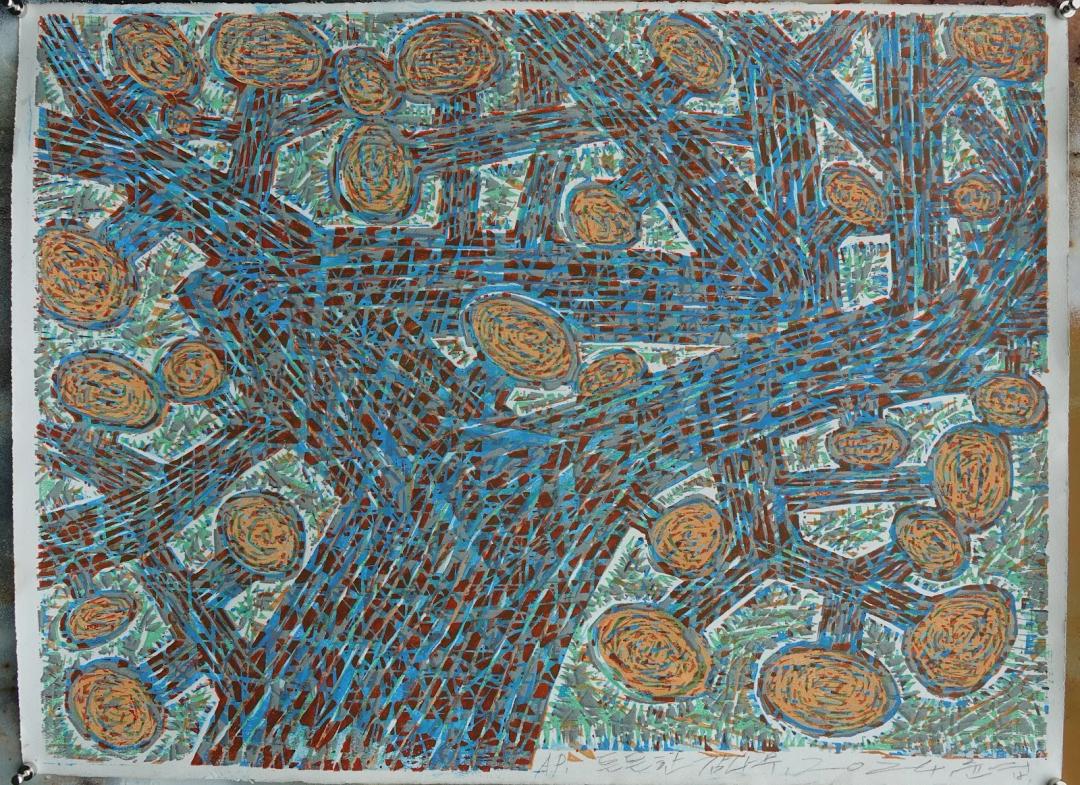 이윤엽, 〈튼튼한 감나무〉, 다색 목판, 56x76cm, ₩1,000,000