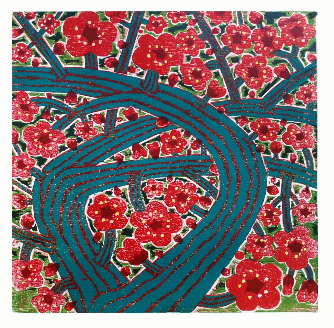 Lee Yun-yop, Red Spring Plum Blossoms, multi-color woodblock print, 41x41cm, ₩700,000
