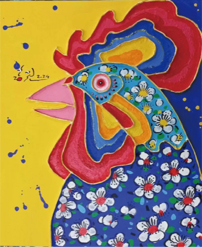 Lee Hongwon, Rooster — A Grand Outing, 2024, hanji and acrylic on canvas, 45.5×37.9 cm