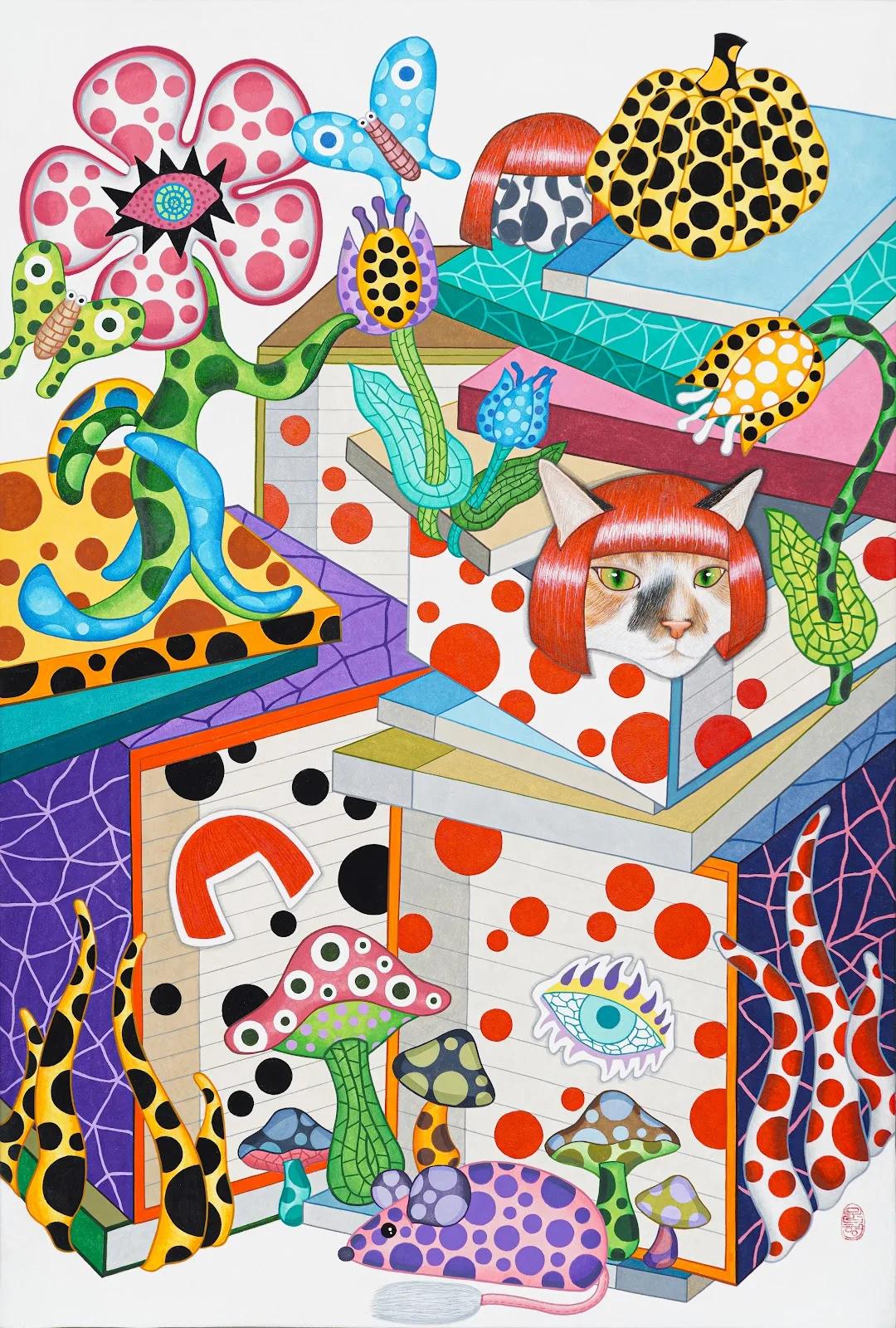 Lee Munhyeong, Chaekgeori × Yayoi Kusama, 2025, ink and color on hanji, 60.6×40.9 cm