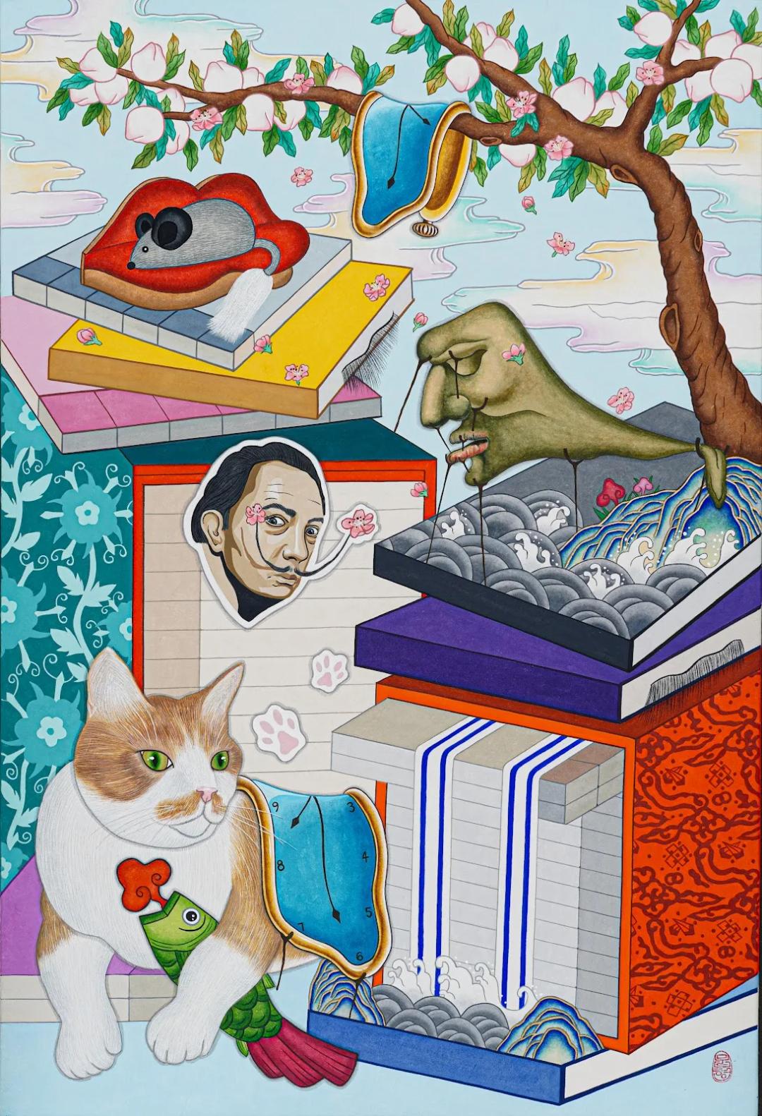 Lee Mun-hyung, Chaekgeori x Salvador Dalí, ink and color on hanji paper, 60.6x40.9cm, ₩840,000