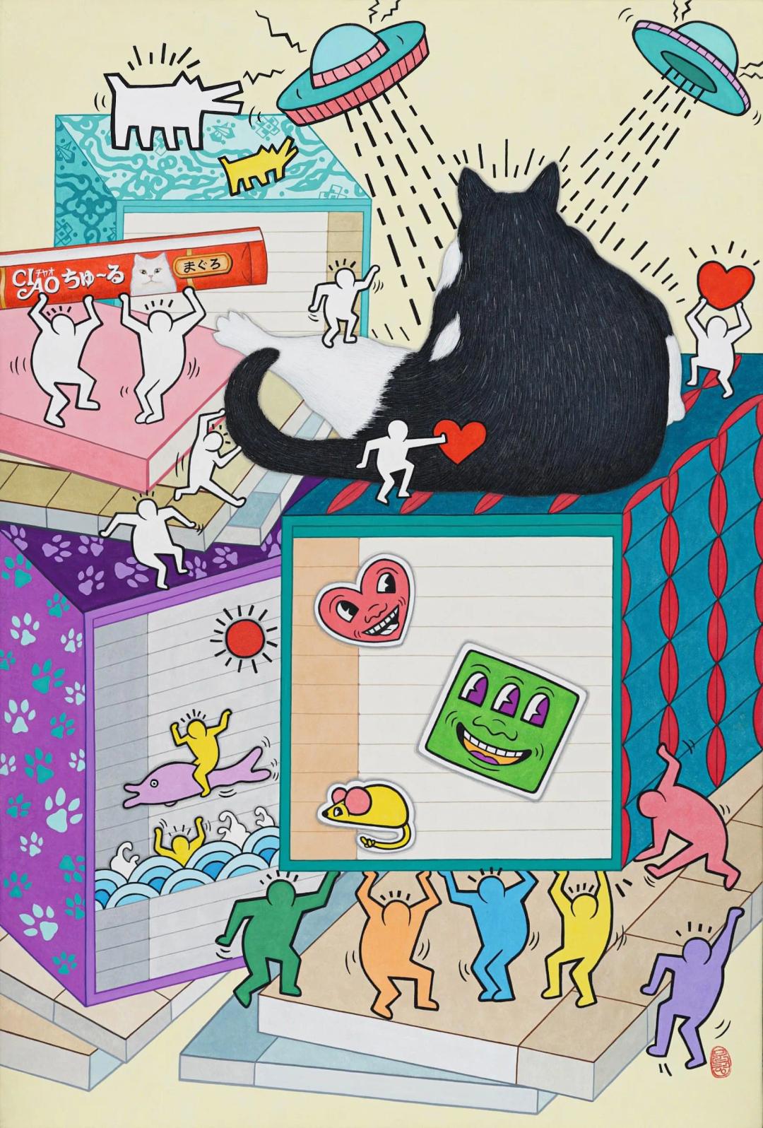 Lee Munhyeong, Chaekgeori × Keith Haring, 2025, ink and color on hanji, 60.6×40.9 cm