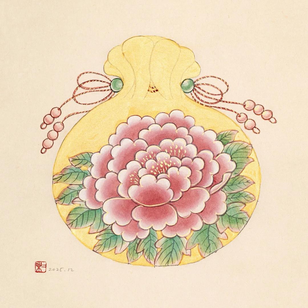 Jo Irak, Good-Luck Pouch (Pink), 2025, color on hanji, 33×34 cm