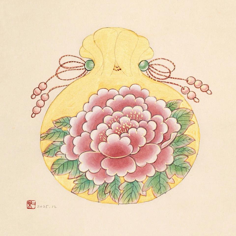 복주머니(핑크), 한지에 채색 - 조이락