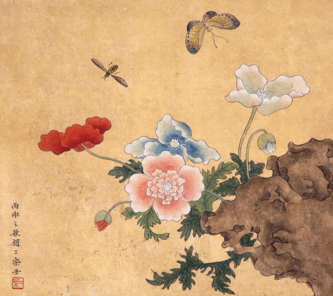 조이락, 〈양귀비〉, 한지에 석채, 28x31.5cm — 광물 안료가 한지 결 위에서 빛난다