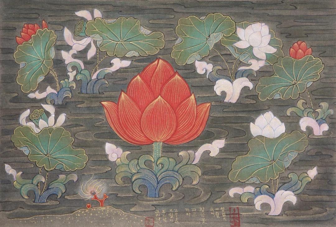 Joy Rock, Golden Flowers, 2015, Pigment on silk, Korean painting