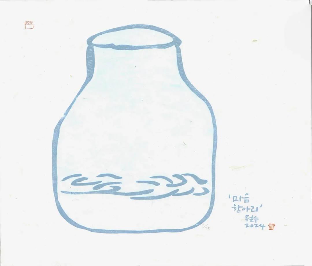 이철수, 〈마음항아리〉, 목판·한지, 50x42cm — 한지가 먹의 농담을 그대로 받아낸다