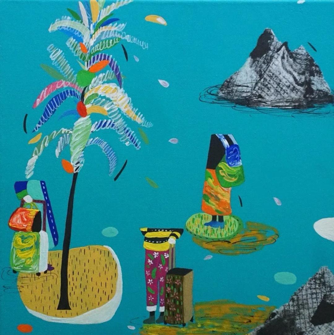 안은경, 〈돌아보다〉, 장지에 채색, 30x30cm — 정사각형 장지 위에서 시간을 멈추는 시선