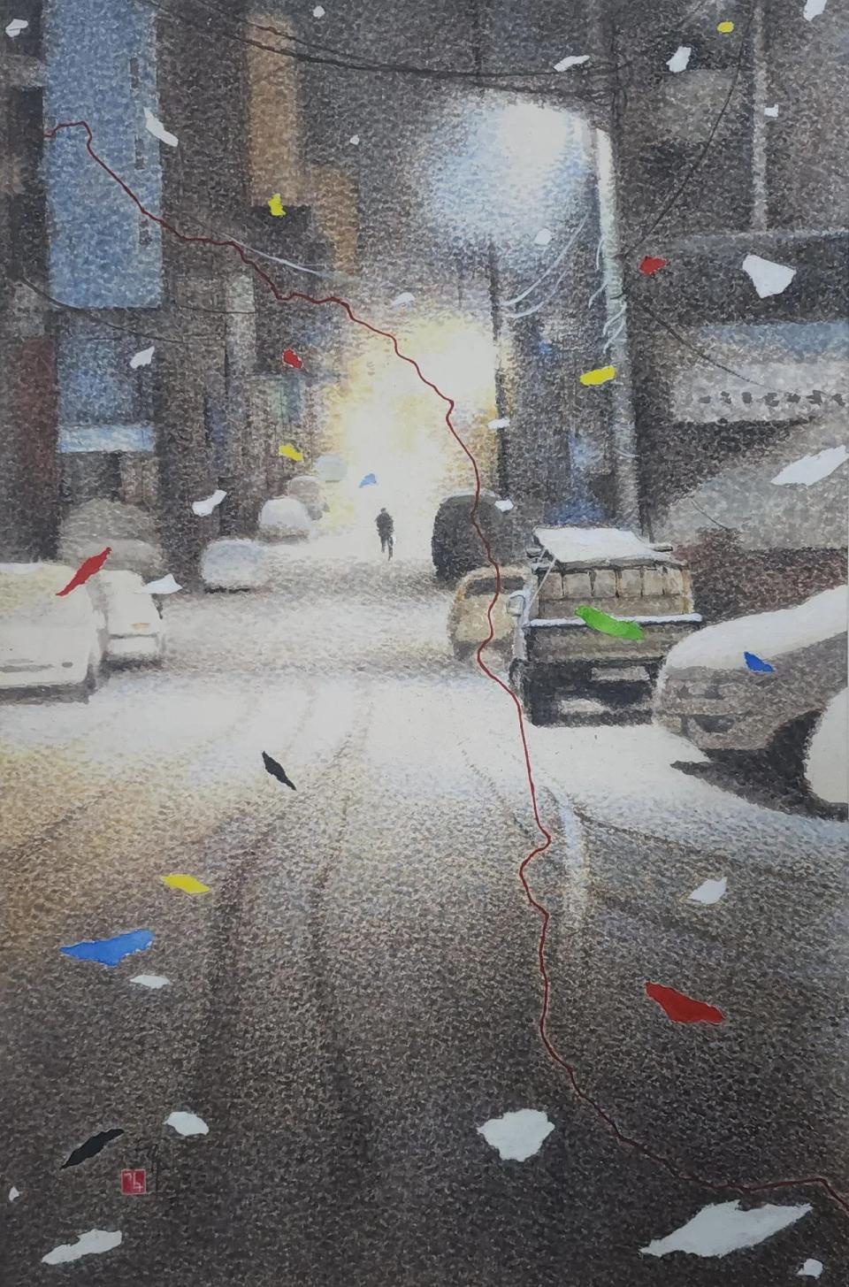 밤골목길ㅡ눈길, 한지 먹 채색 - 칡뫼 김구